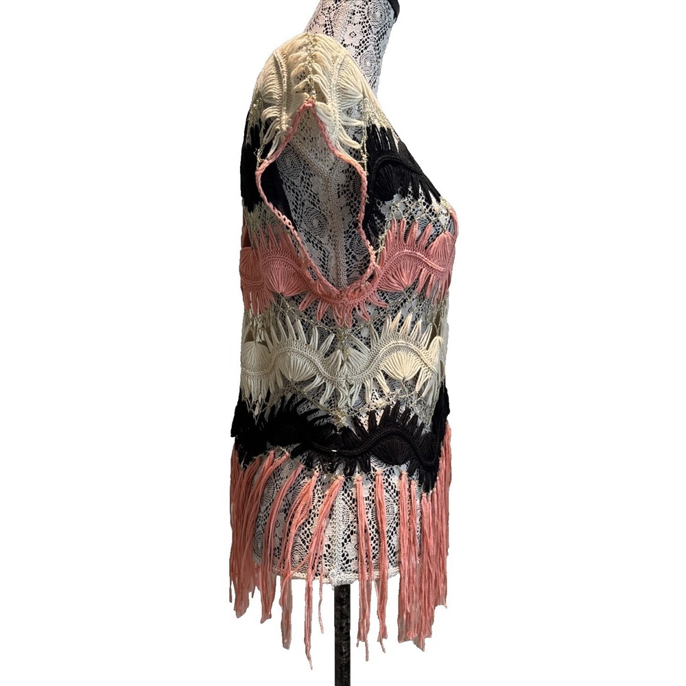 Festival woman's Crochet Open Knit Fringe Sweater Top Swim Cover up S / M - Picture 4 of 7